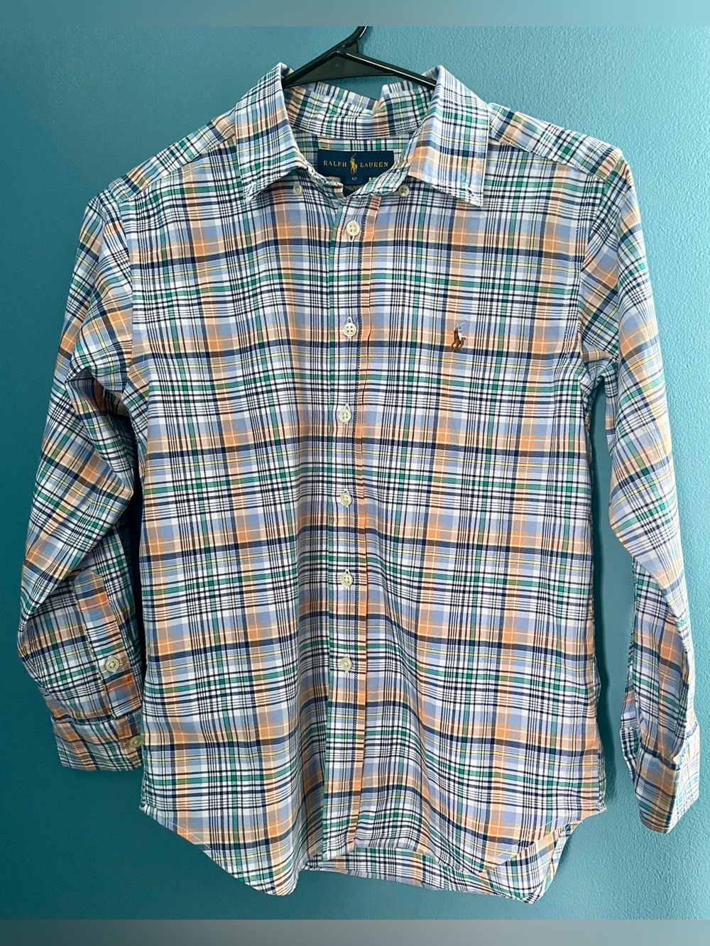 Ralph Lauren Boys Size 12 Plaid Button Down Shirt Blue Green Orange 100% Cotton